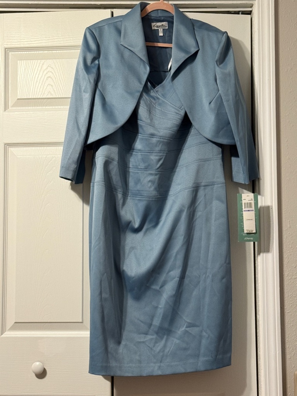 Elegant Slate Blue Sheath Dress with Coordinating Cropped Jacket